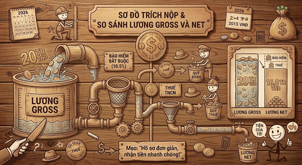 Biểu đồ so sánh phân tích lương Gross và Net